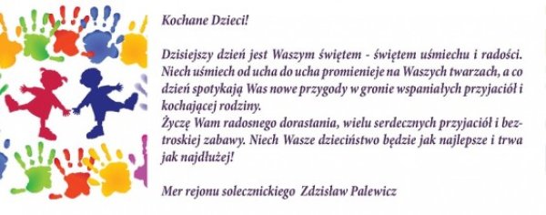 Pozdrowienia mera rejonu Zdzisława Palewicza z okazji Międzynarodowego Dnia Dziecka