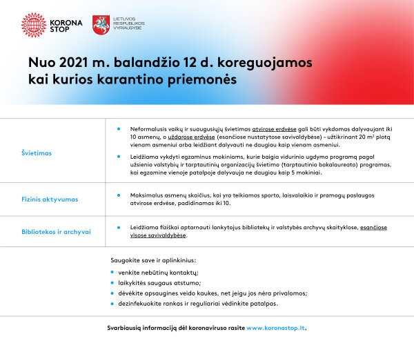 Nuo 2021 m. balandžio 12 d. koreguojamos kai kurios karantino priemonės