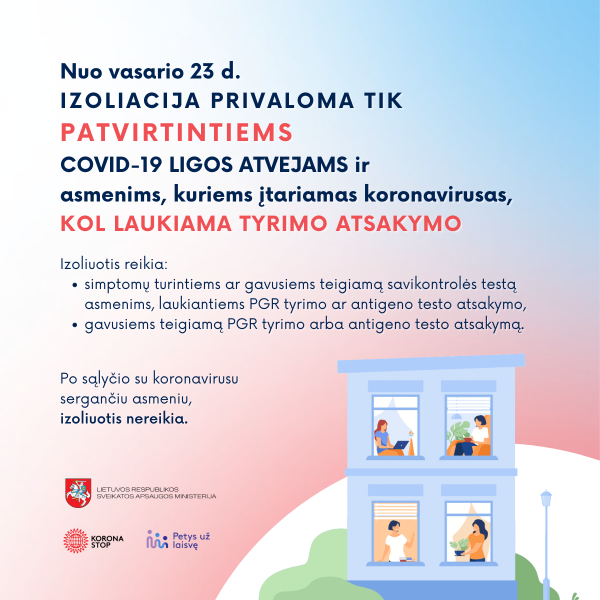 Sąlytį su COVID-19 sergančiais žmonėmis turėjusiems asmenims – izoliacija nebeprivaloma
