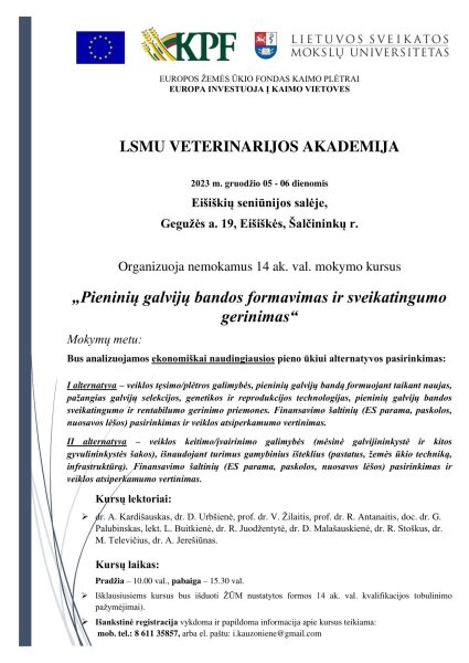 Kvietimas į mokymus „Pieninių galvijų bandos formavimas ir sveikatingumo gerinimas“
