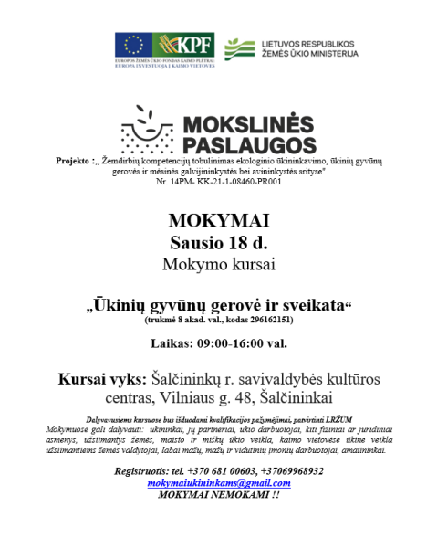 Organizuojami mokymai „Ūkinių gyvūnų gerovė ir sveikata“