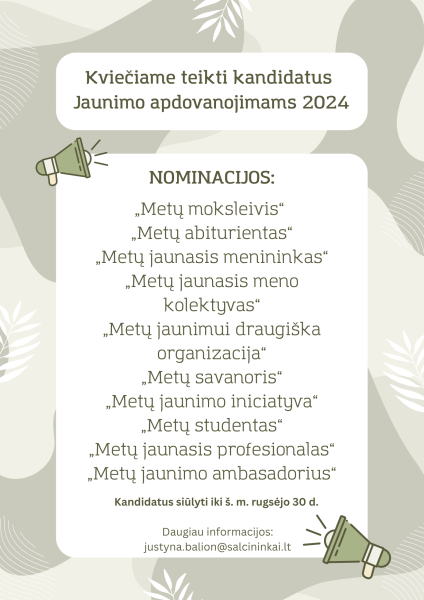 Kviečiame teikti kandidatus jaunimo apdovanojimams 