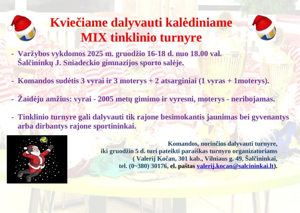 Kviečiame dalyvauti kalėdiniame MIX tinklinio turnyre