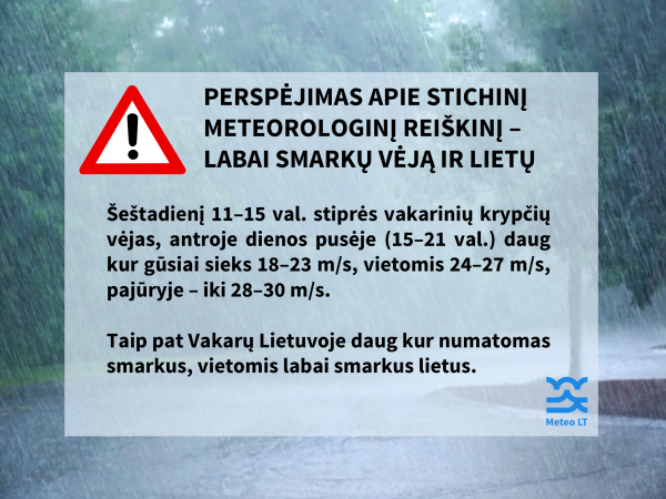 Prognozuojamas labai stiprus vėjas ir lietus
